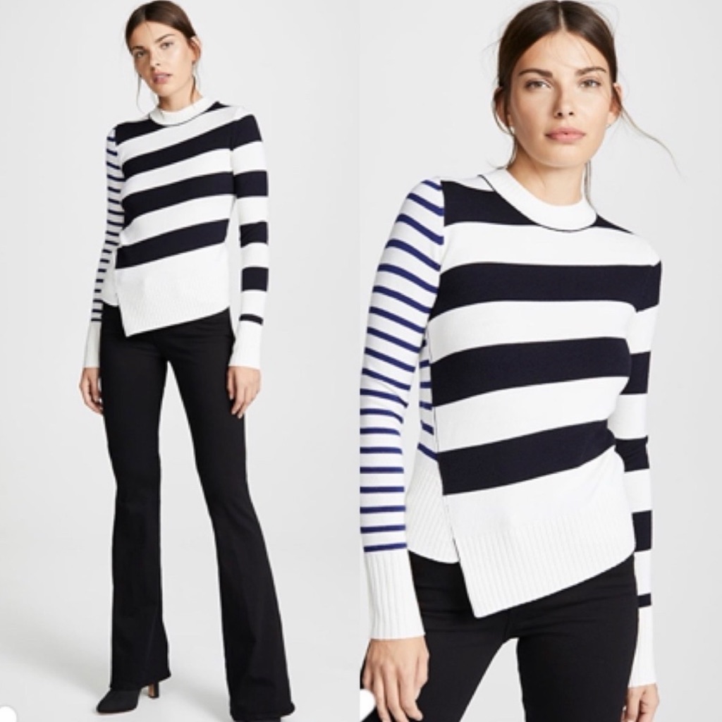 Nwot Jason Wu Queen Asymmetrical Stripe Merino Wool Black White Sweater Sz M
